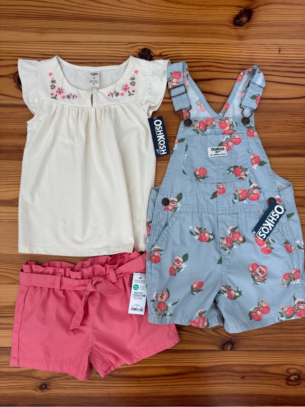 NWT OshKosh B'gosh Cream Top, Blue Overalls & Pink Shorts Matching Set 4T Girls